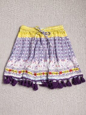 RAGA Yellow and Purple Boho Mini Skirt with Tassels NWT